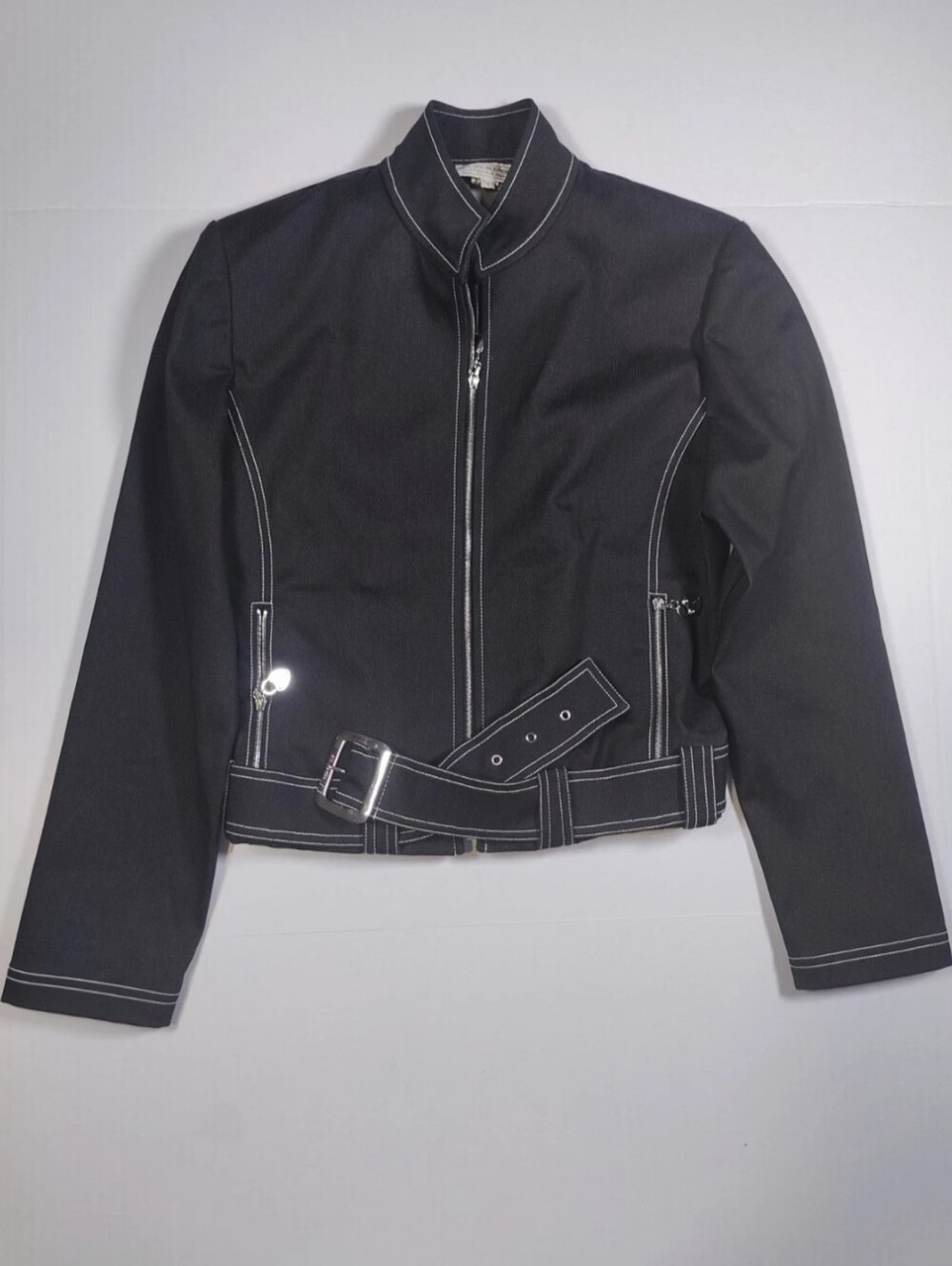 St John Sport By Marie Grey Black Belted Denim Moto Jacket Size S Heart Zippers